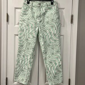 PacSun Eco Green Checkerboard Flower High-waisted Straight-leg Jeans size 30 EUC